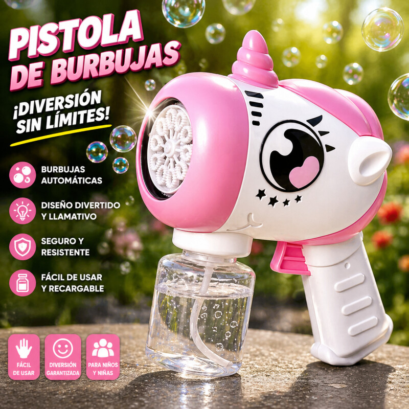 Pistola Burbuja Automatica Burbujero Juguete Recargable Unicornio