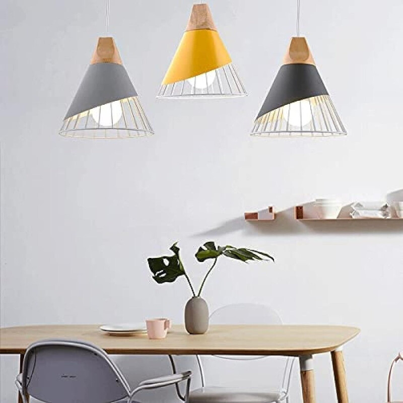 Lampara Nordica Conica Metal Y Madera Columbus Amarillo