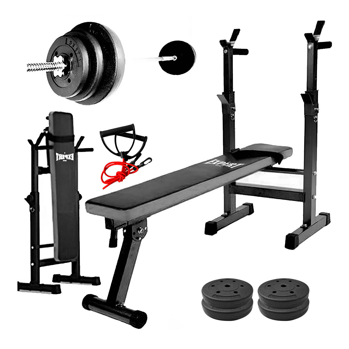 Banco Pecho Plegable + Barra 1.50m Maciza +20kg Pesas - 4 Discos de 5 Kg 