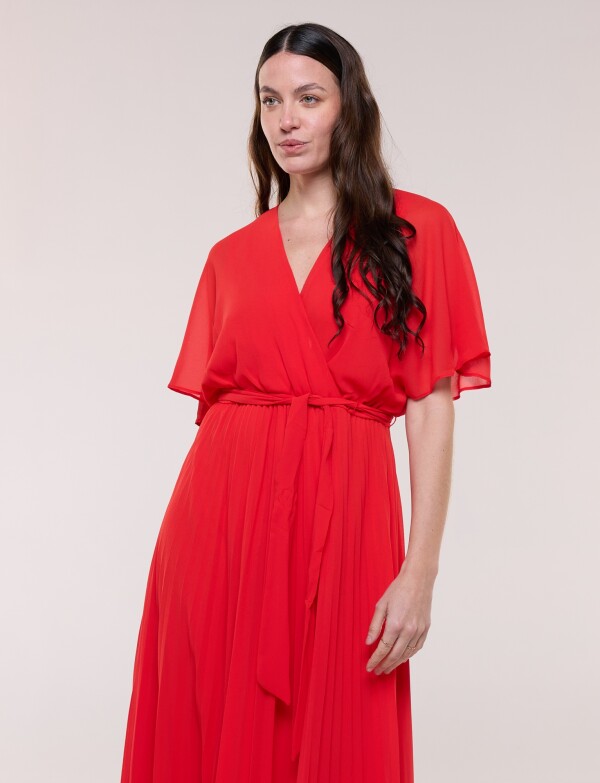Vestido Noche Plisado Lazo ROJO