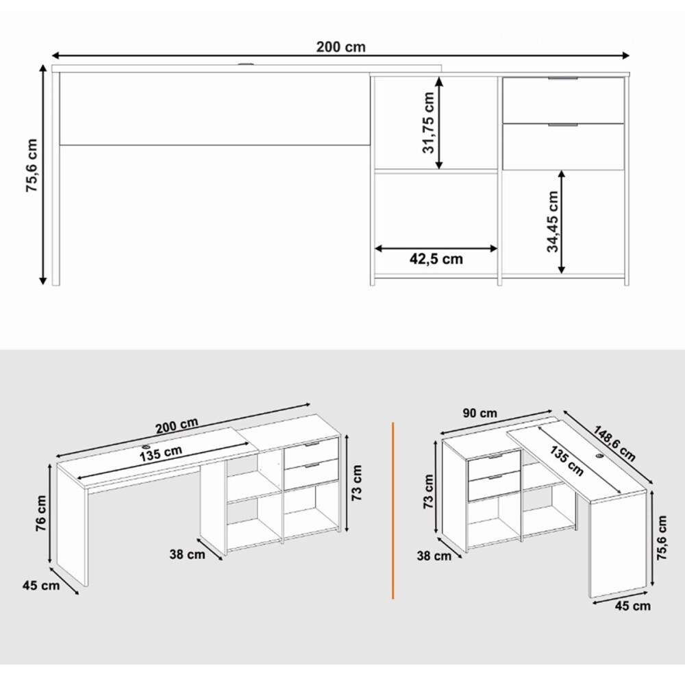 ESCRITORIO 2 CAJONES MESA PARA PC LAPTOP COMPUTADORA DOBLE MONTAJE BLANCO