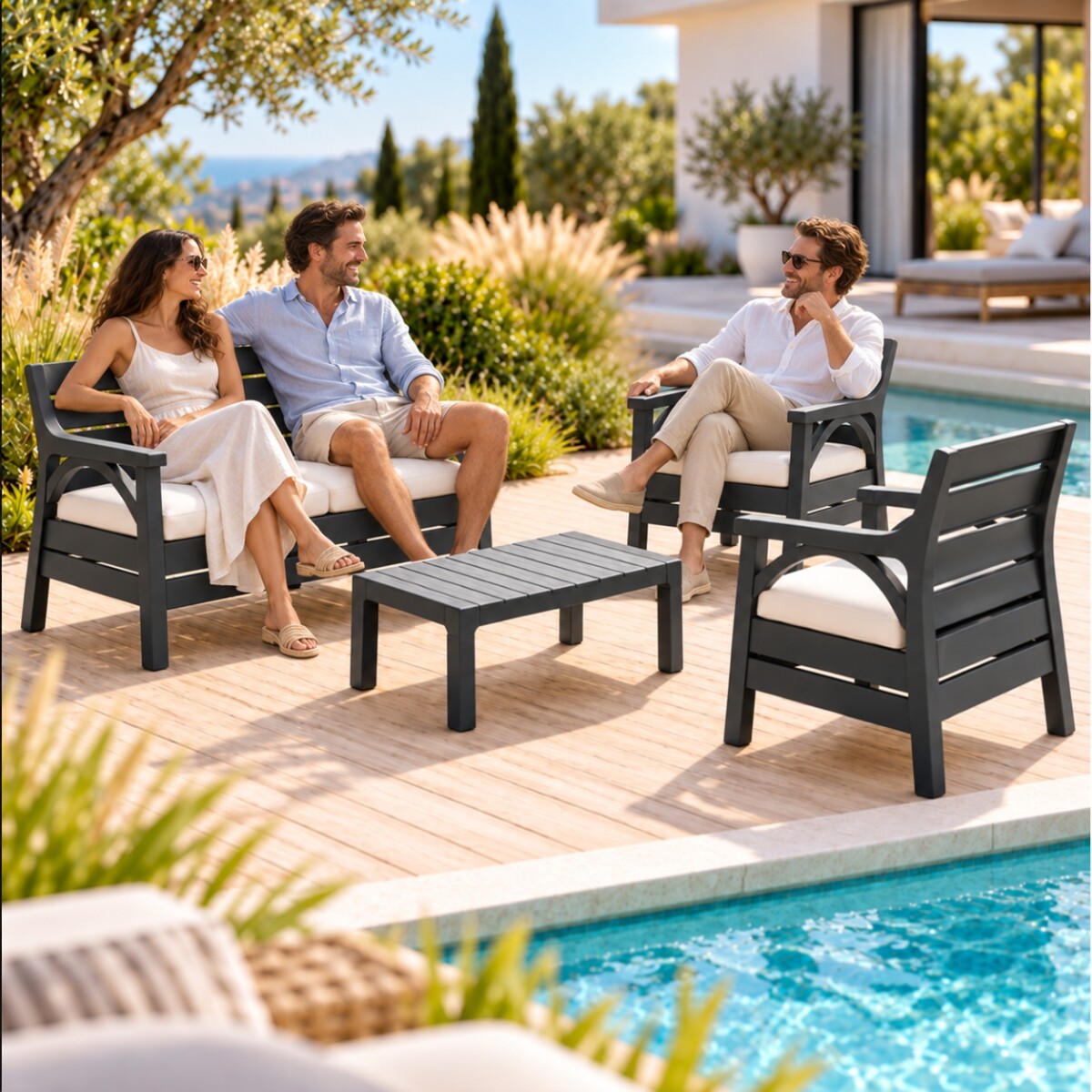 Juego Santana de jardín 3 sillones con almohadones + mesa - GRIS 