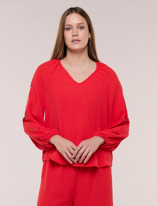 Blusa Con Calado Lateral Floral ROJO