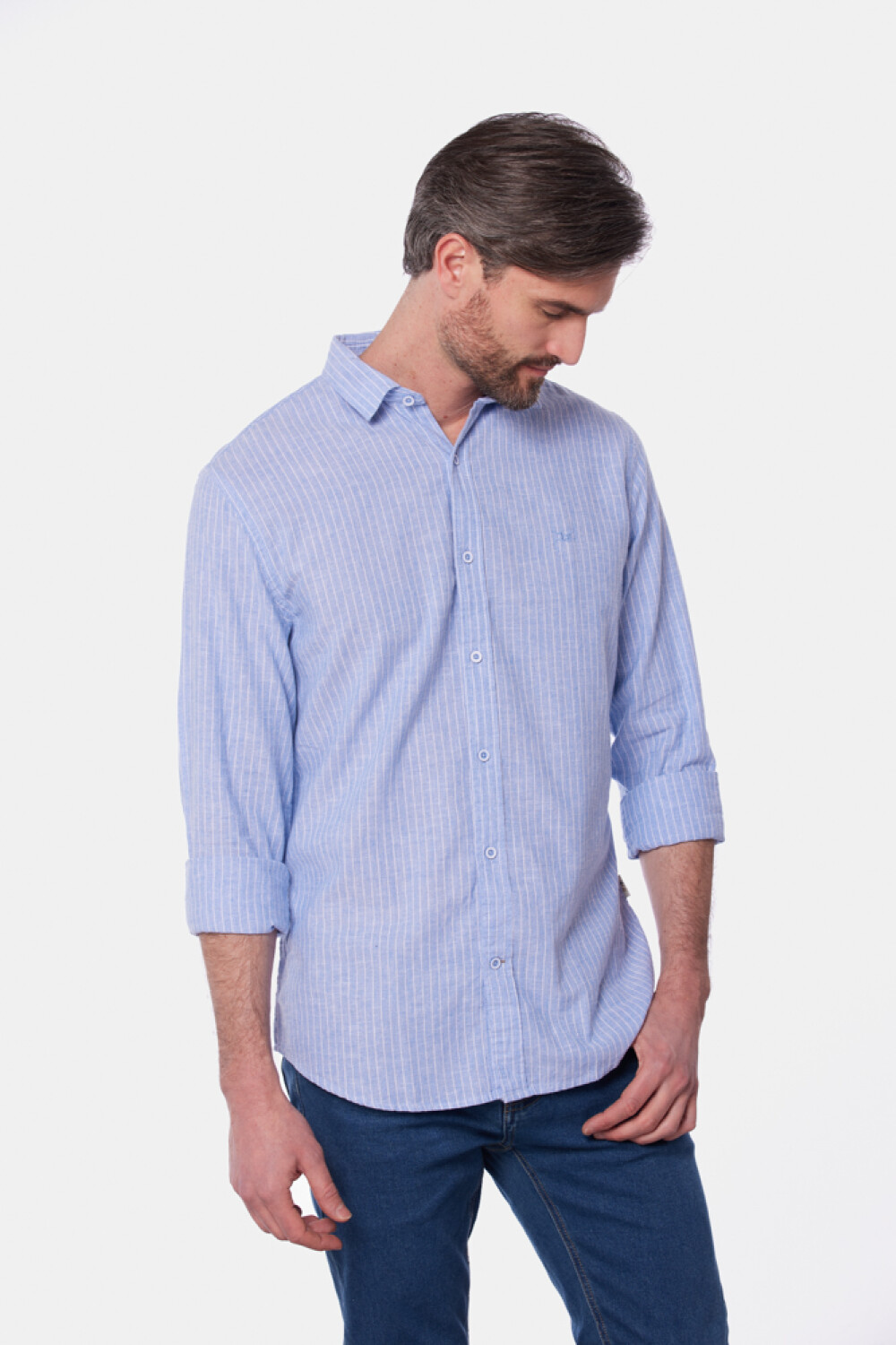 CAMISA DE LINO RAYADA Azul