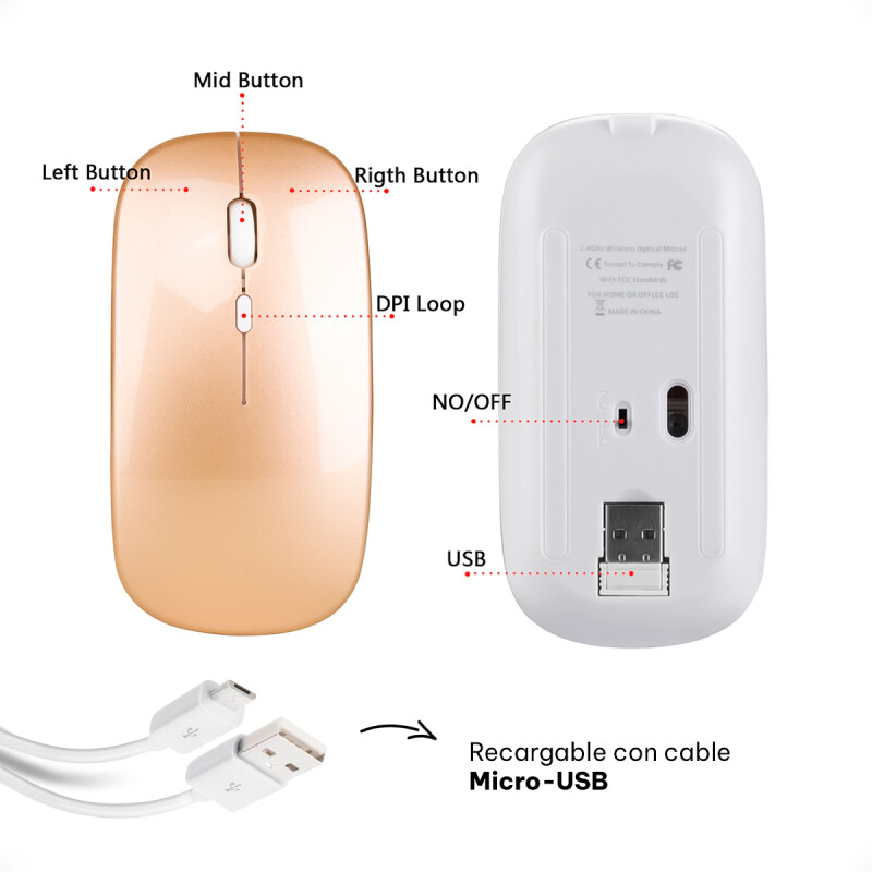 Mouse Inalámbrico Tipo Mac USB Recargable Dorado