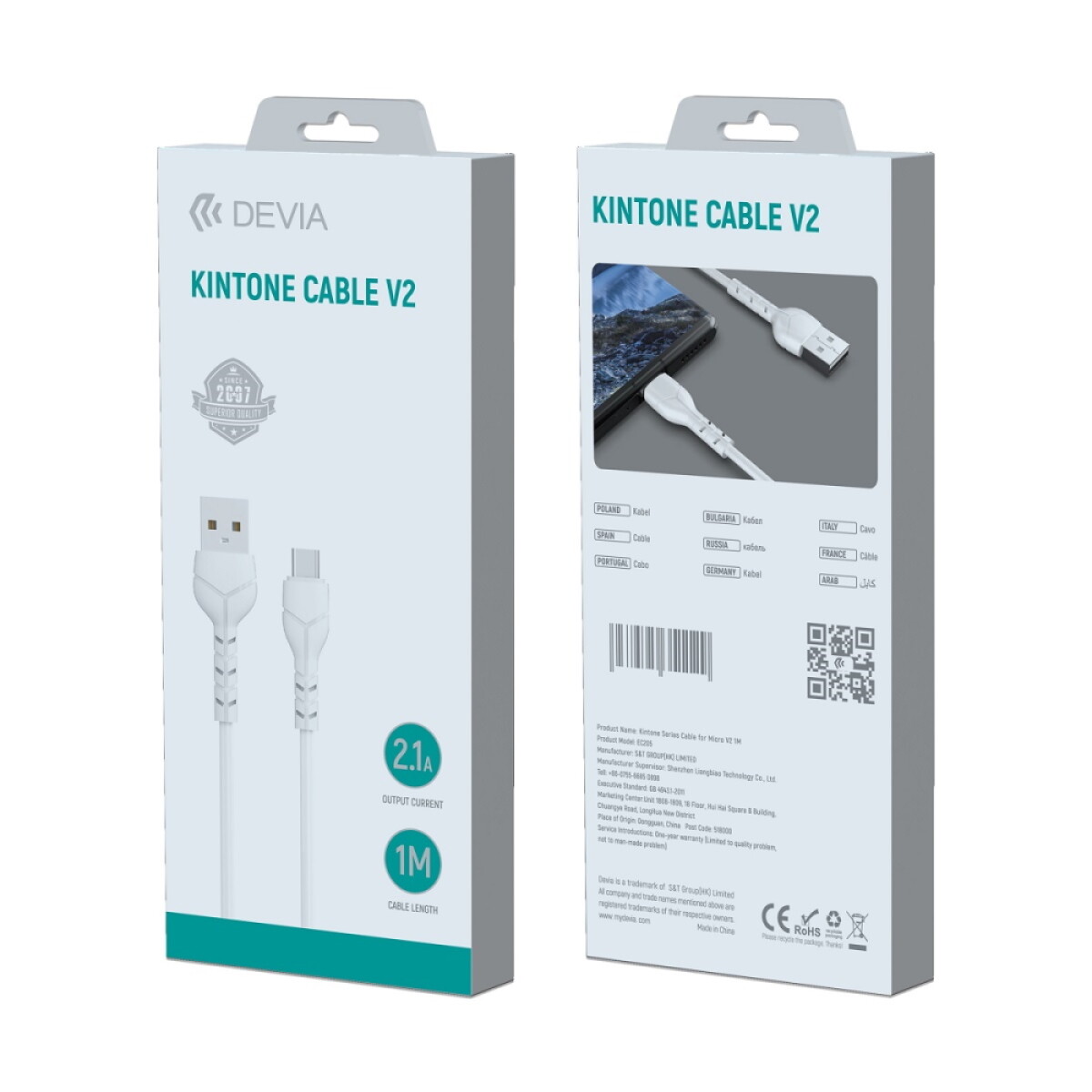 Cable usb-a a micro usb 2.1 1 metro devia kintone v2 White