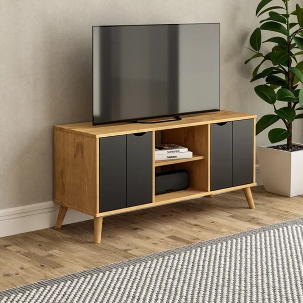 RACK APARADOR PARA TV O AUDIO 2 PUERTAS EN MADERA MACIZA MADERA-PRETO