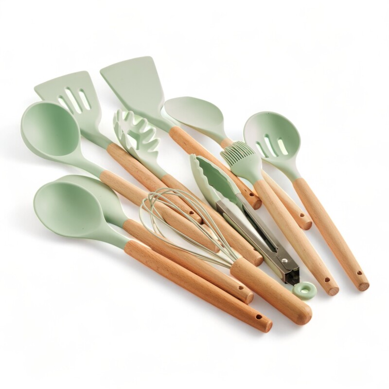 Set Utensilios Cocina Inicial Silicona Madera Plus Gourmet Verde Claro