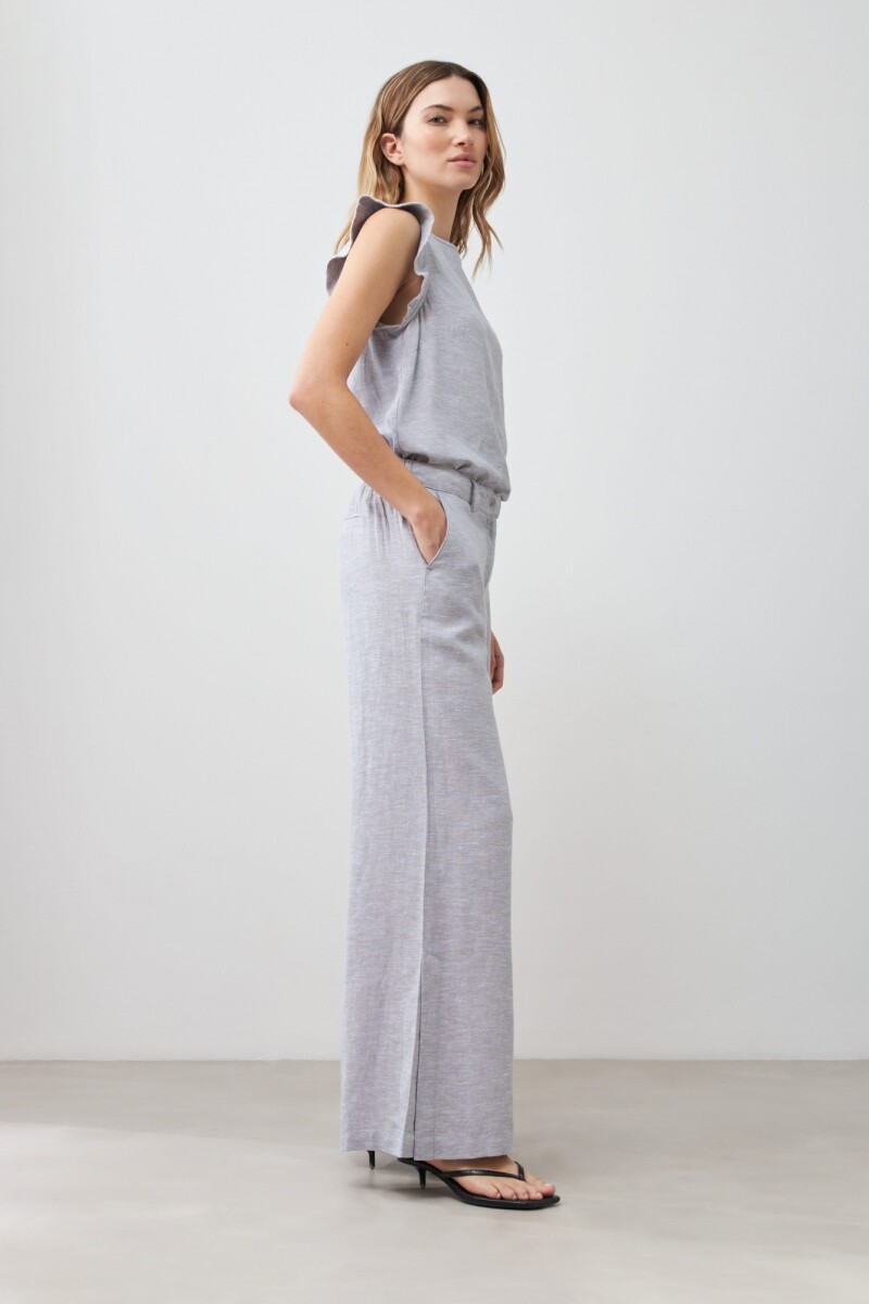 Pantalón ancho de lino con tajos gris melange