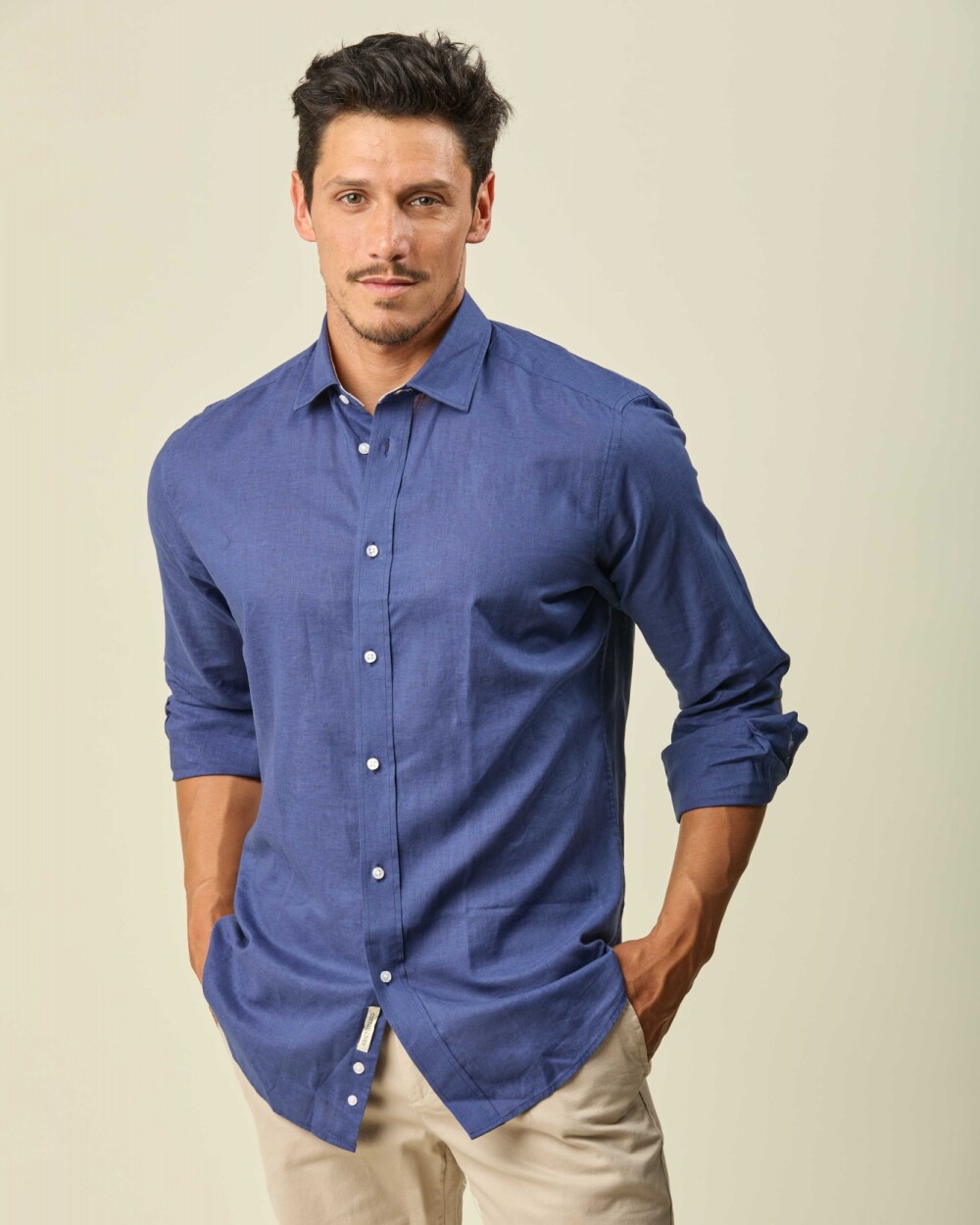 Camisa Lino Algodón Manga Larga Azul