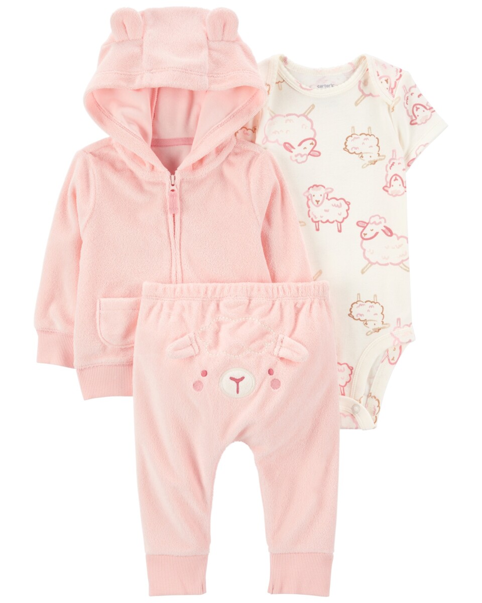Set tres piezas, campera y pantalón de algodón terry más body de algodón, diseño oveja 