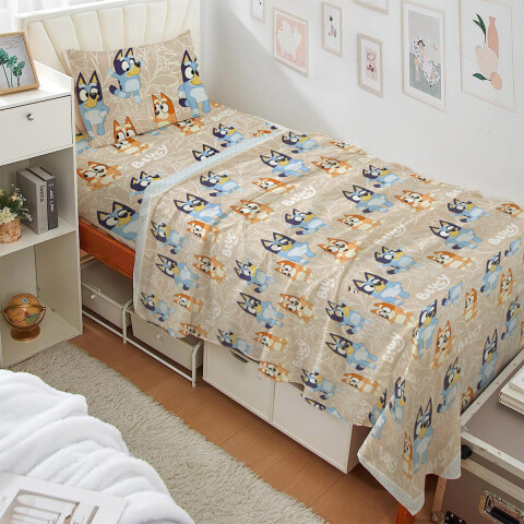 Juego Sábanas Infantil Bluey 1 Plaza 100% Microfibra CELESTE/BEIGE