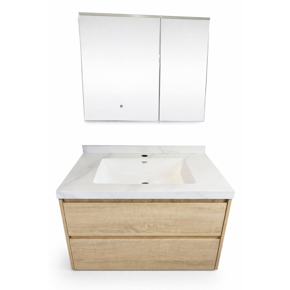 Mueble de baño suspendido Vip 80cm Oak mesa calacata con espejo botiquín 75 cm Vip Oak Mueble De Baño Suspendido Vip 80cm Oak Mesa Calacata Con Espejo Botiquín 75 Cm Vip Oak