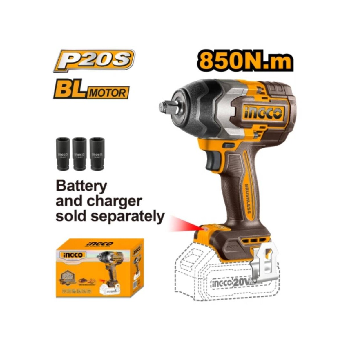 Llave de impacto a bateria INGCO CIWLI20851 850NM 20V P20S - No incluye Bateria Ni cargador 