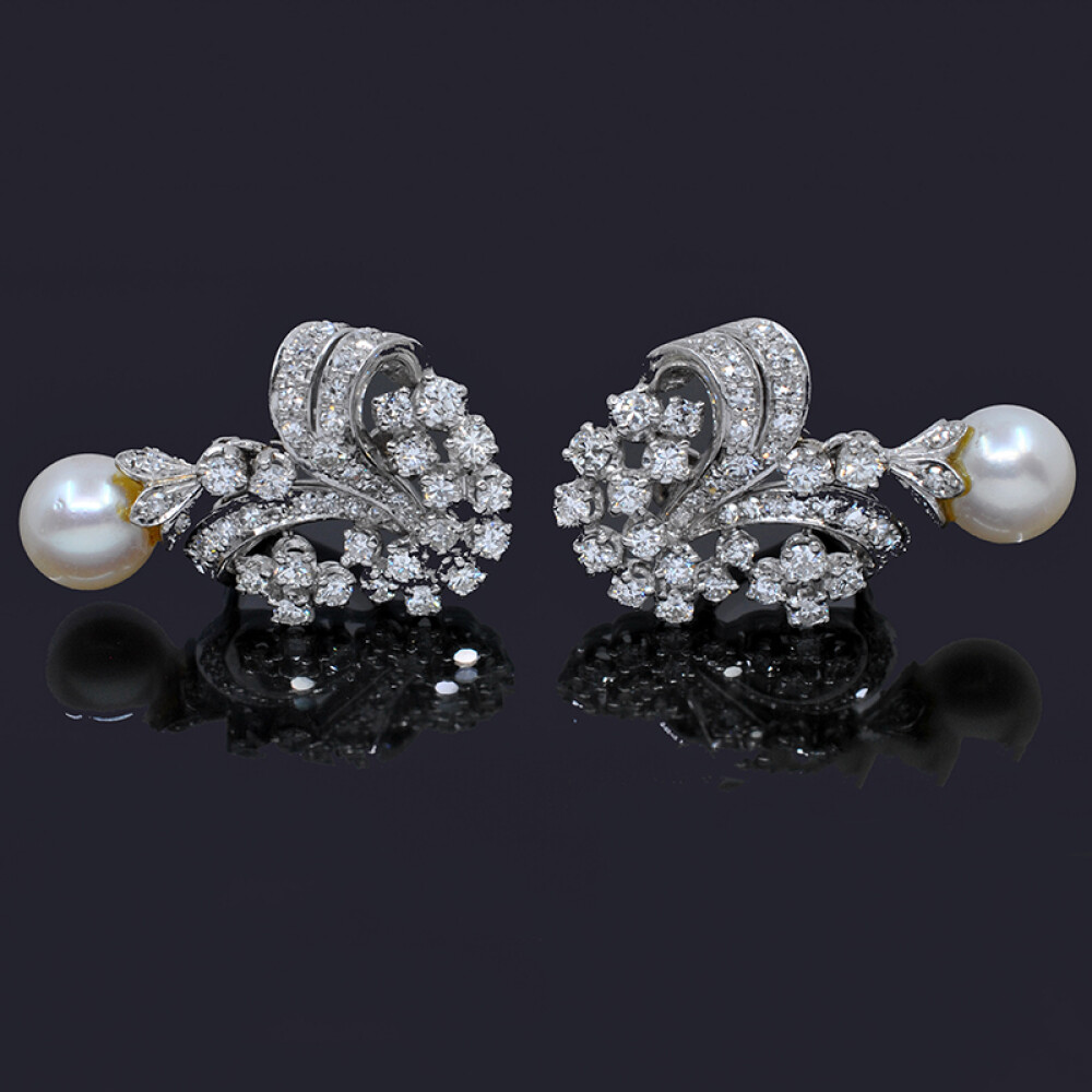 Caravanas oro 18k blanco , brillantes y perla de cultivo Caravanas oro 18k blanco , brillantes y perla de cultivo