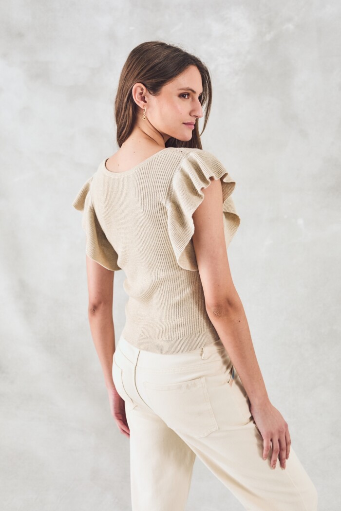 Top Metalizado Manga Volados Beige Melange