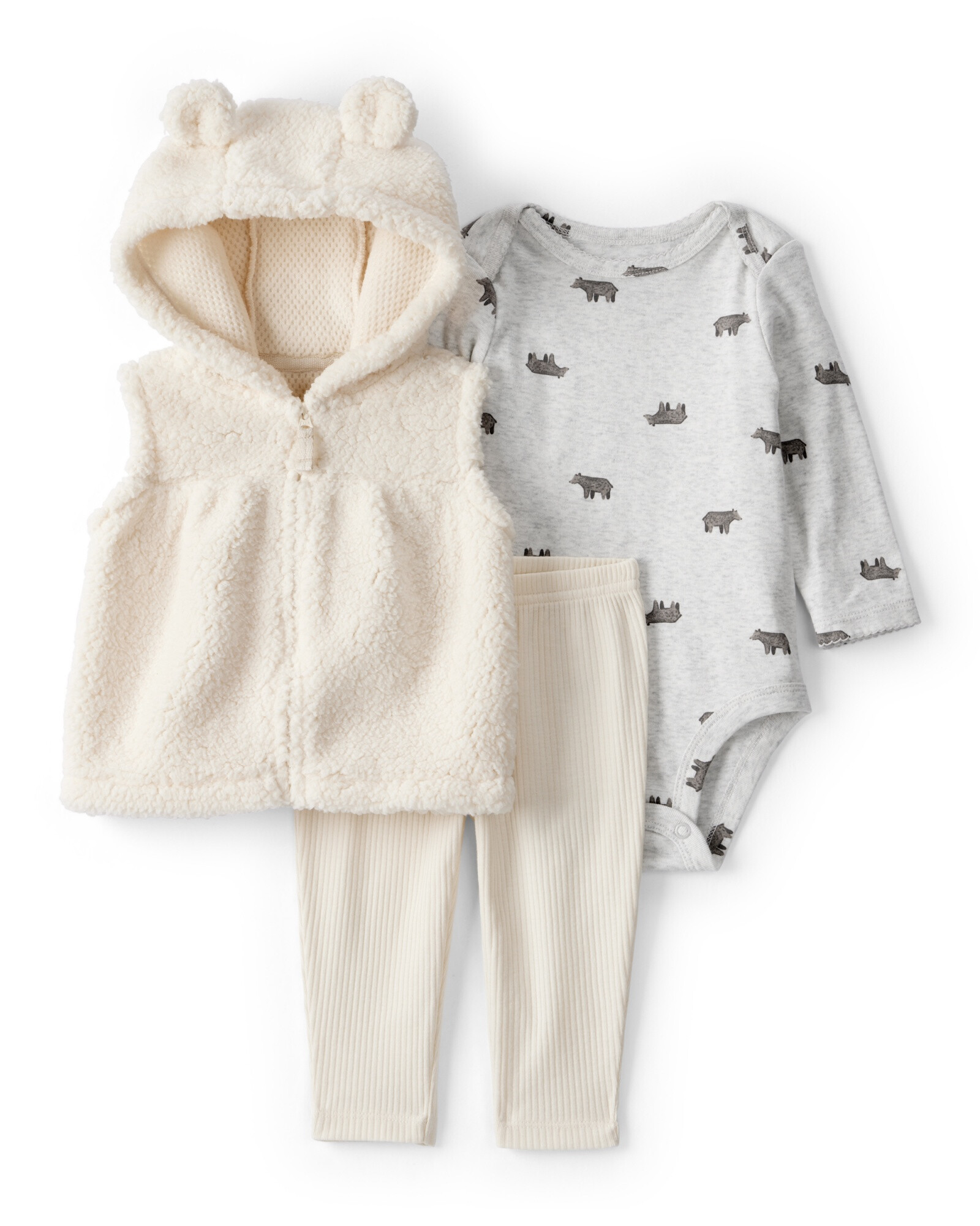 Set tres piezas, chaleco de sherpa, pantalón y body, diseño oso Set tres piezas, chaleco de sherpa, pantalón y body, diseño oso