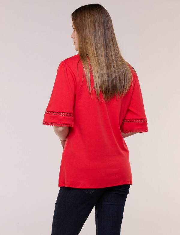 Remera De Algodón Con Detalles De Puntilla ROJO