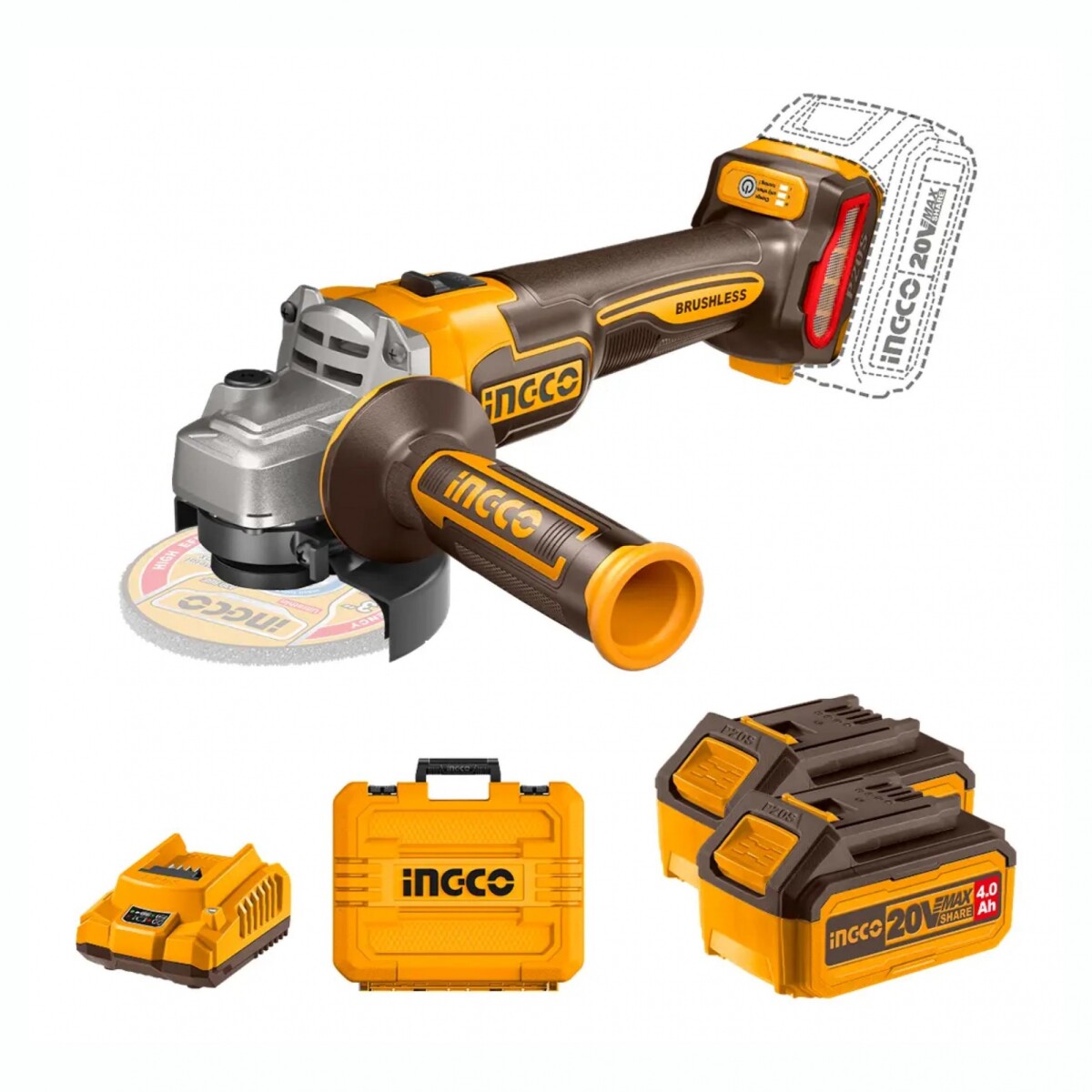 Set Amoladora A Batería INGCO CAGLI211542 2 Baterías, Valija Y Discos 