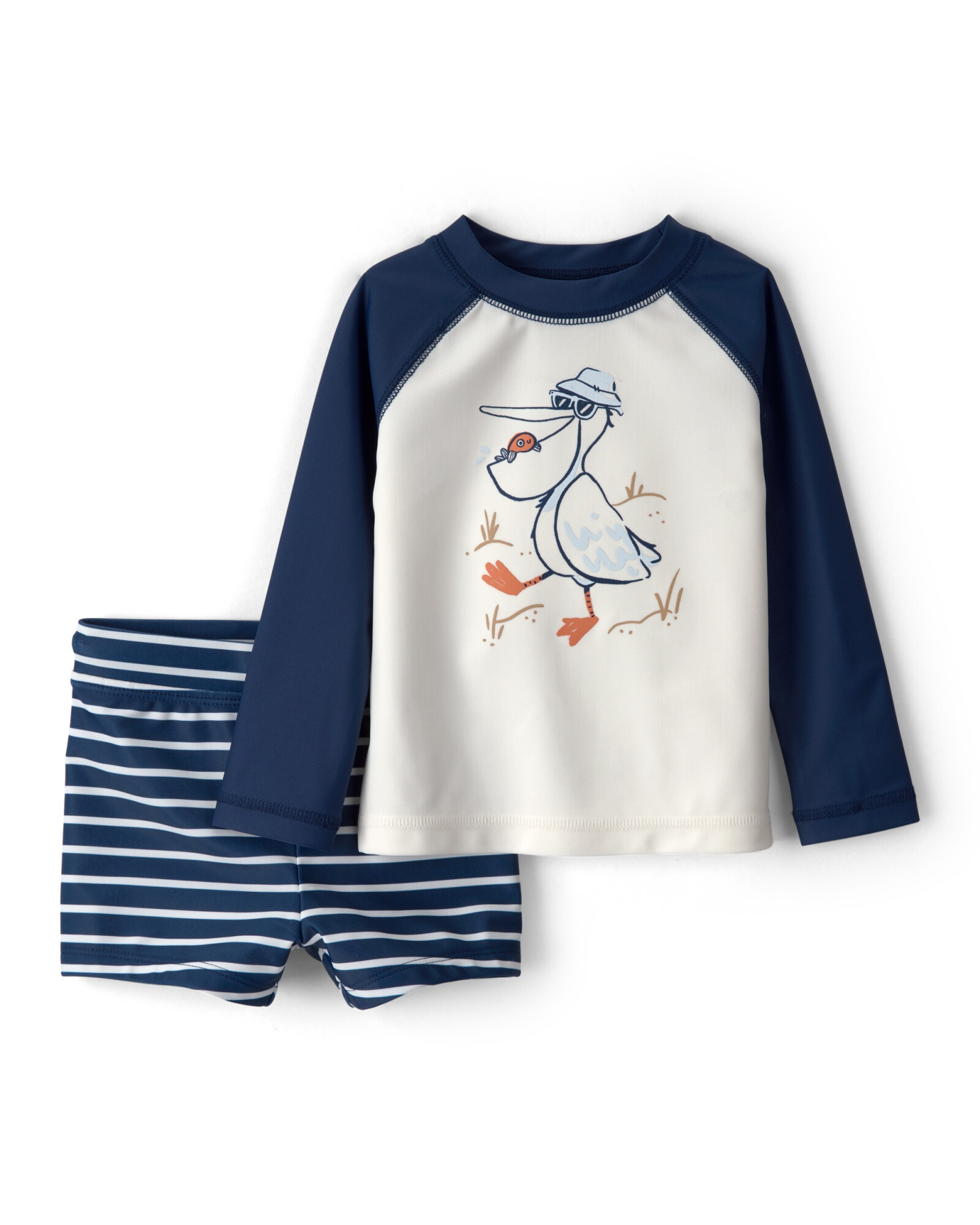 Traje de baño dos piezas, remera manga larga y short, con protección UPF 50+, estampa pelícano Sin color