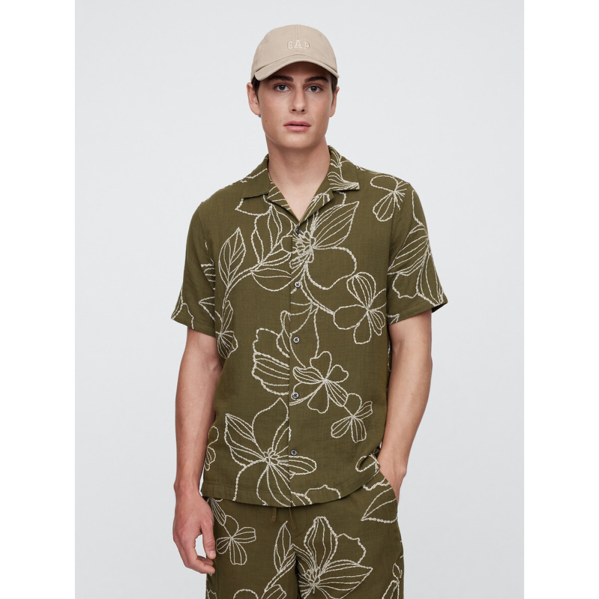 V-SS TEXTURE RESORT COLLAR - SP OLIVE FLORAL SU25 