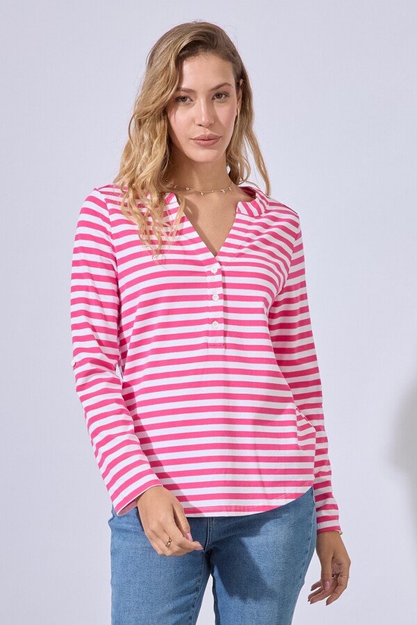 Remera Algodon Escote V FUCSIA