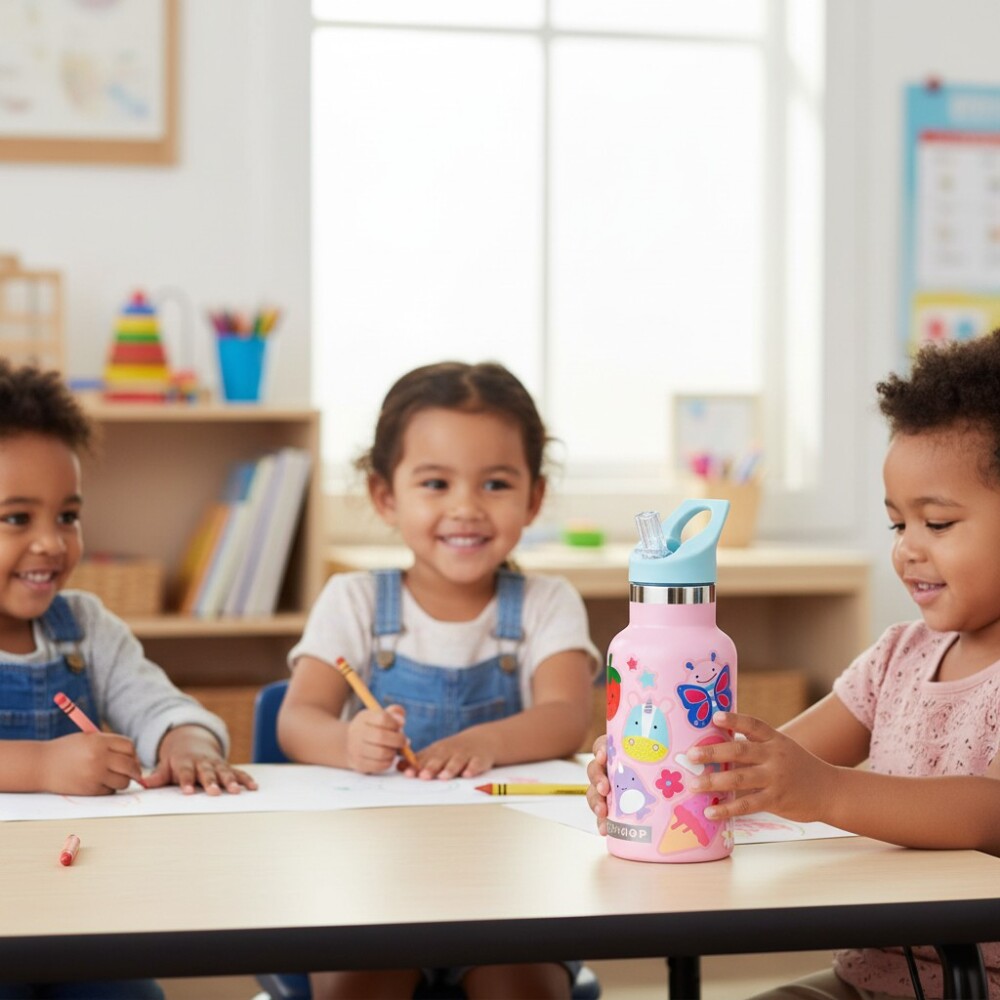 Botella acero inoxidable con sorbito y stickers skip hop rosado