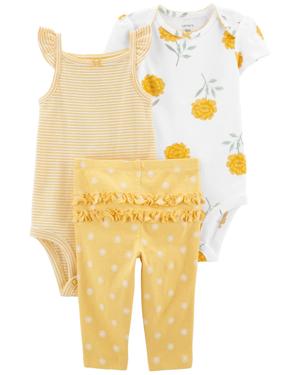 Set tres piezas pantalón y dos bodies de algodón diseño floral 