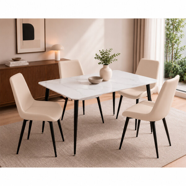 Juego De Comedor Mesa vidrio Símil Mármol + 4 Sillas Ecocuero Mesa blanca + 4 sillas blancas
