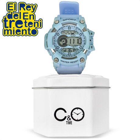 Reloj Deportivo C&O Digital Con Luz + Estuche De Lata Celeste