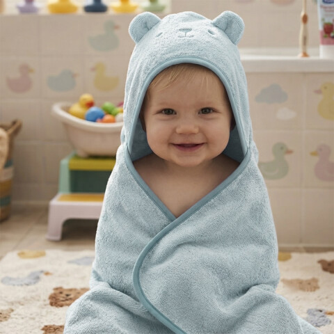 Toalla Bebé con Capucha Teddy 70cm x 70cm CELESTE