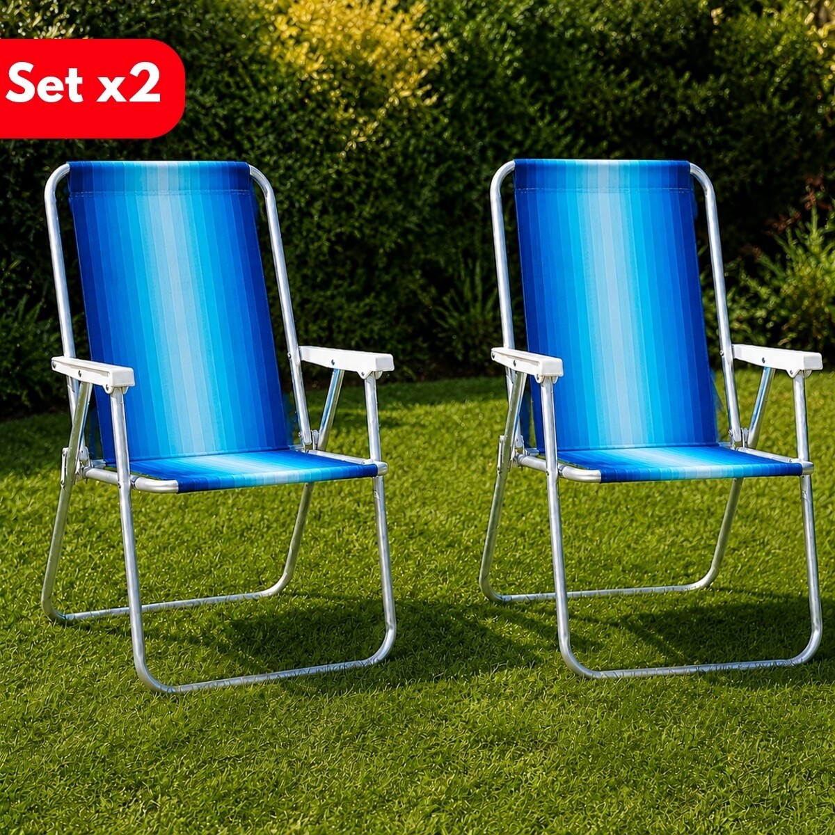 Set X 2 Sillas Altas Aluminio Clásica A Rayas - AZUL 