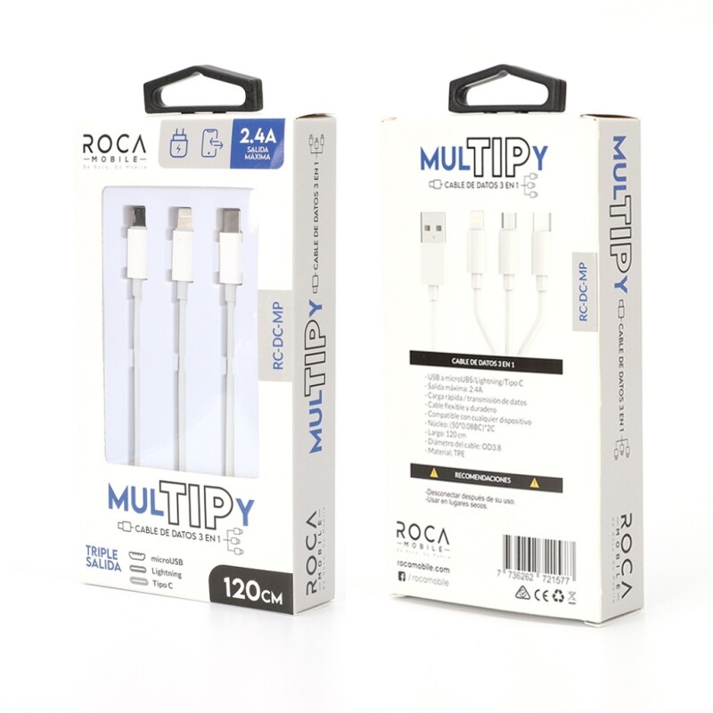 Cable 3 en 1 Roca Multipy 120cm Micro USB USB-C Lightning Blanco CABLE DE DATOS ROCA | MULTIPY | 3EN1 | 120CM | 2.4A | MICROUSB/TIPO C/LIGHTNING (SÓLO CARGA)| BLANCO