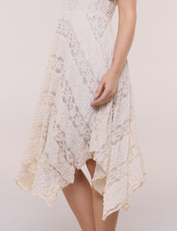 Vestido De Encaje Con Frunces BEIGE CLARO