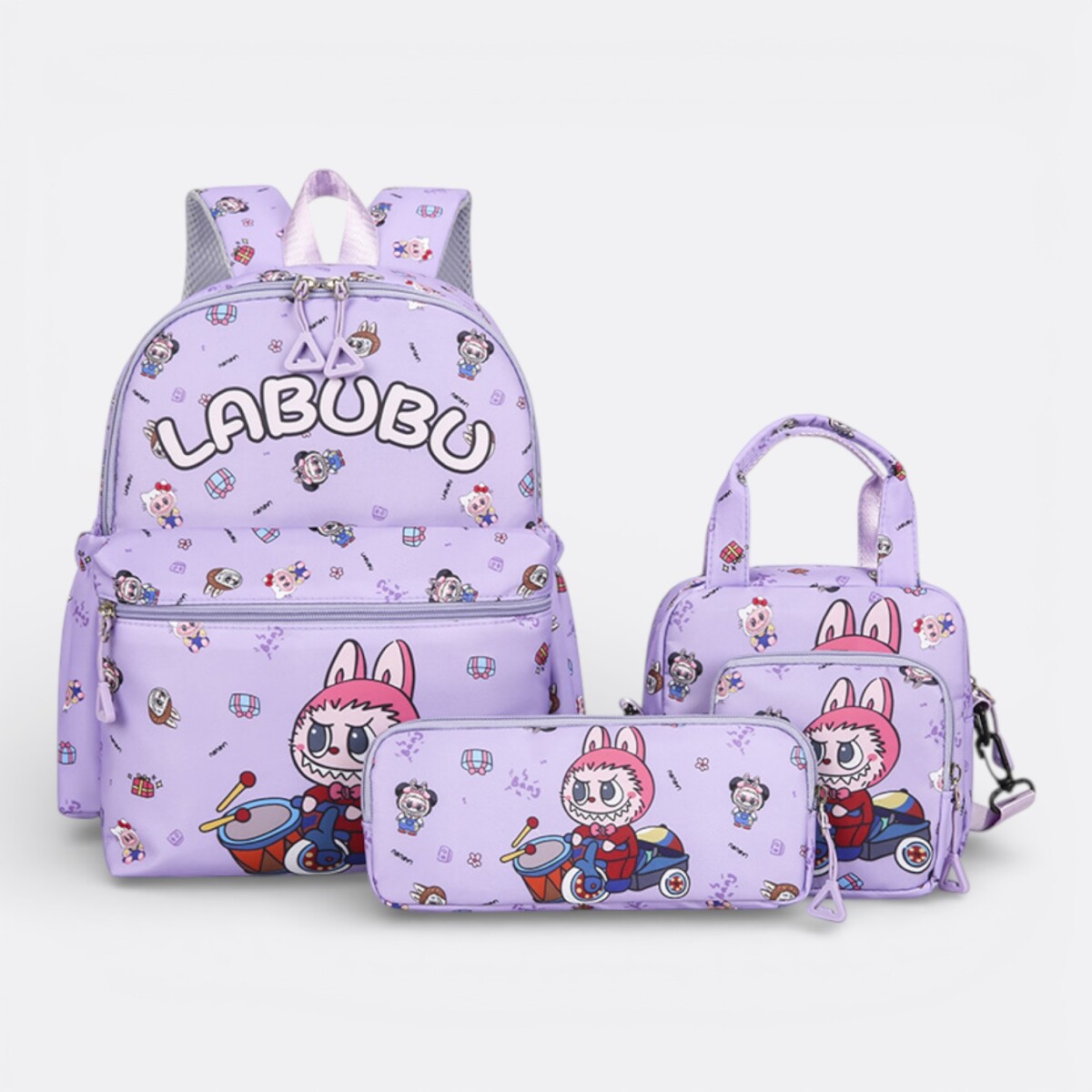 Set Escolar Labubu Mochila + Cartuchera + Lonchera + Neceser - Lila 