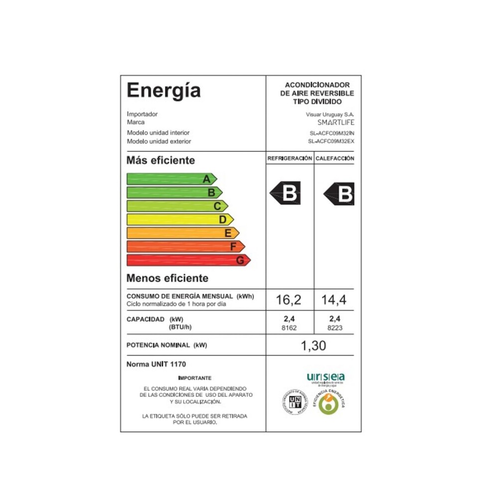 AIRE ACONDICIONADO SMARTLIFE 9000-BTU SL-ACFC09M32 ON/OFF