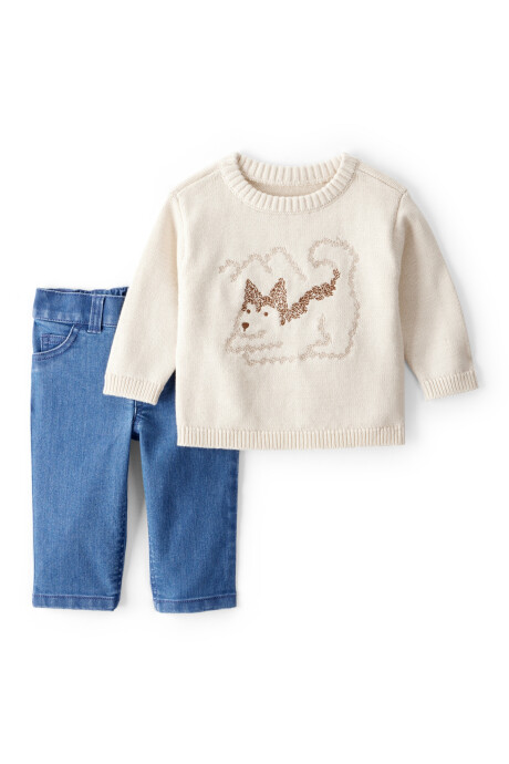Set dos piezas, pantalón jean y buzo de algodón, bordado perro Sin color