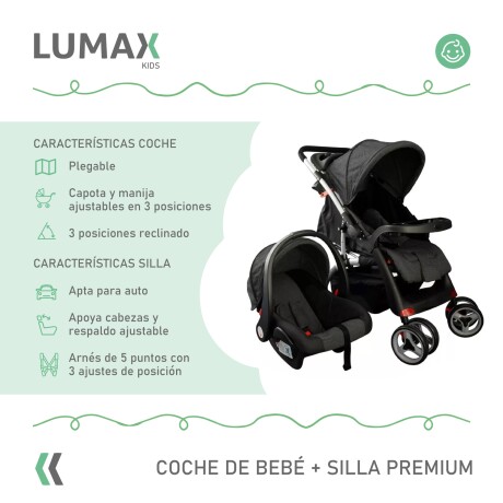 Coche de bebé Premium Lumax con asiento para auto Negro