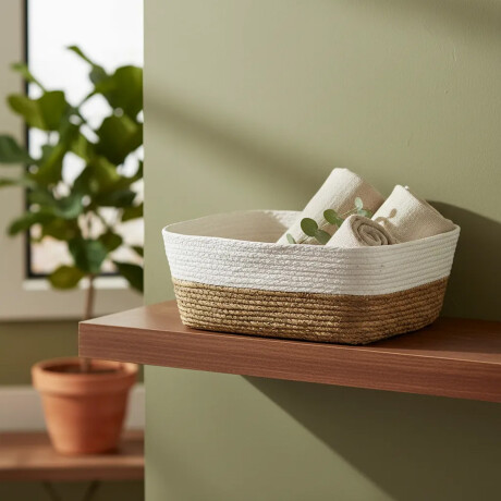 Cesto Canasto Fibra Natural Paramount Decoración 35x28x13Cm Blanco