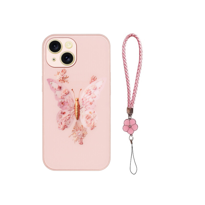 Protector rígido iPhone 15 Plus diseño mariposa rosa con correa Protector Rígido Iphone 15 Plus Diseño Mariposa Rosa Con Correa