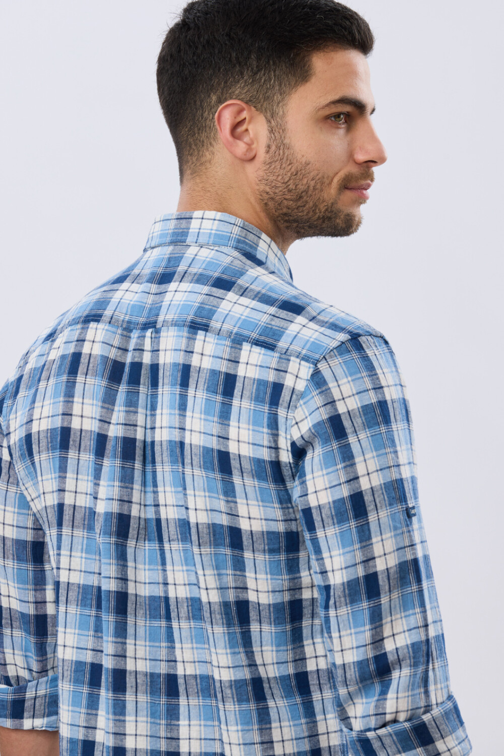 CAMISA CUADROS DE LINO Celeste