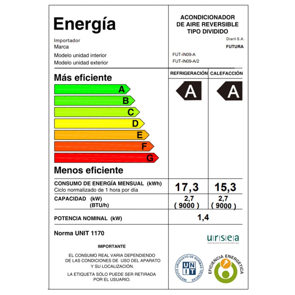 AIRE ACONDICIONADO BLANCO 9000 BTU FUT-IN09-A