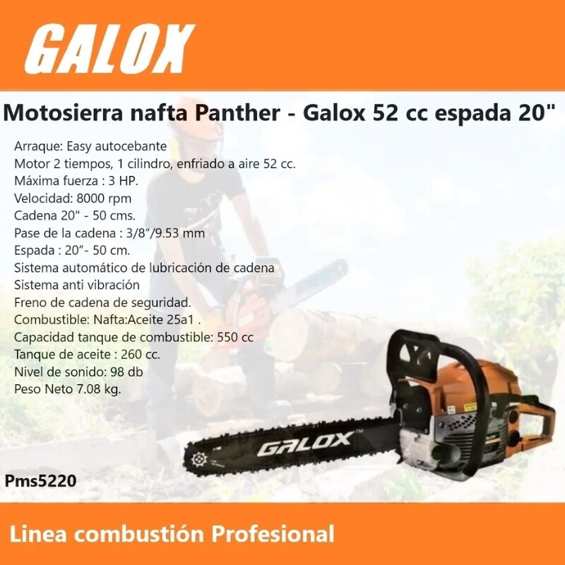 GALOX MOTOSIERRA PROFESIONAL PANTHER MOTOR 52CC 3HP ESPADA 20¨ PULGADAS Galox Motosierra Profesional Panther Motor 52cc 3hp Espada 20¨ Pulgadas