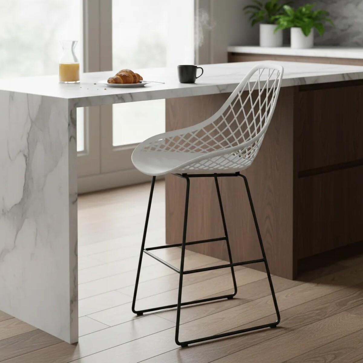 Banco para barra blanco con patas en metal negras - Kaila 