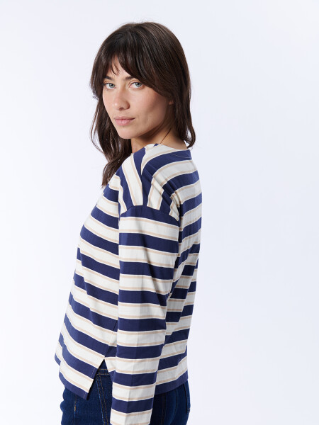 Remera Manga Larga Rayas Crudo Y Azul Marino