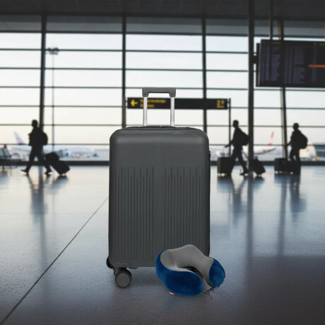 Set Valija Grande Rígida + Almohadón Cervical Memoria Azul Gris Oscuro