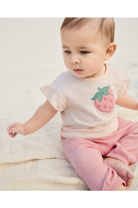 Set tres piezas de algodón, pantalón, blusa y vincha, rosado, estampa frutilla Sin color