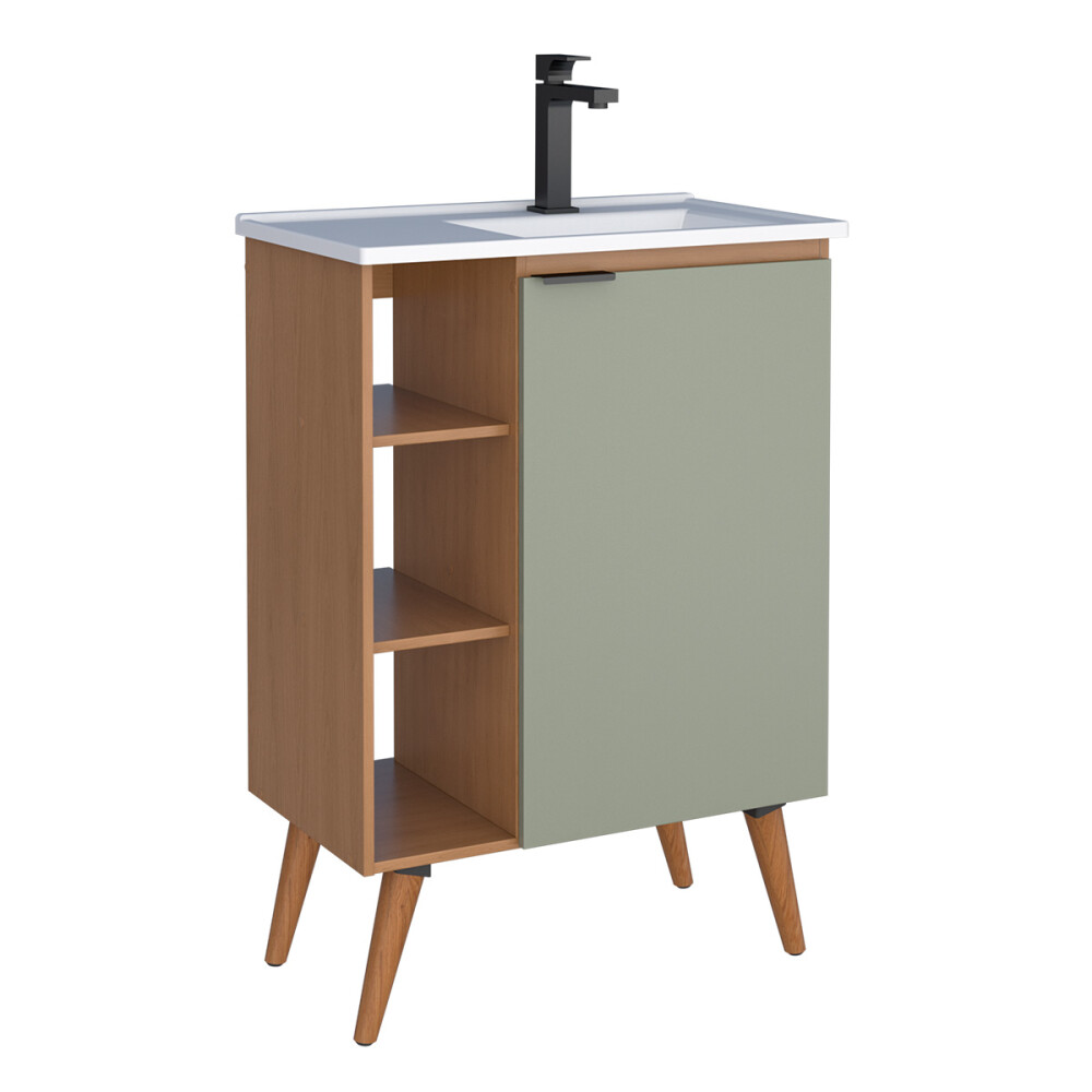 MUEBLE BAÑO EN MADERA HORTENSIA JEQUITIBÁ COLOR VERDE CON LAVAMANOS EN PATAS DE MADERA MACIZA Mueble Baño En Madera Hortensia Jequitibá Color Verde Con Lavamanos En Patas De Madera Maciza