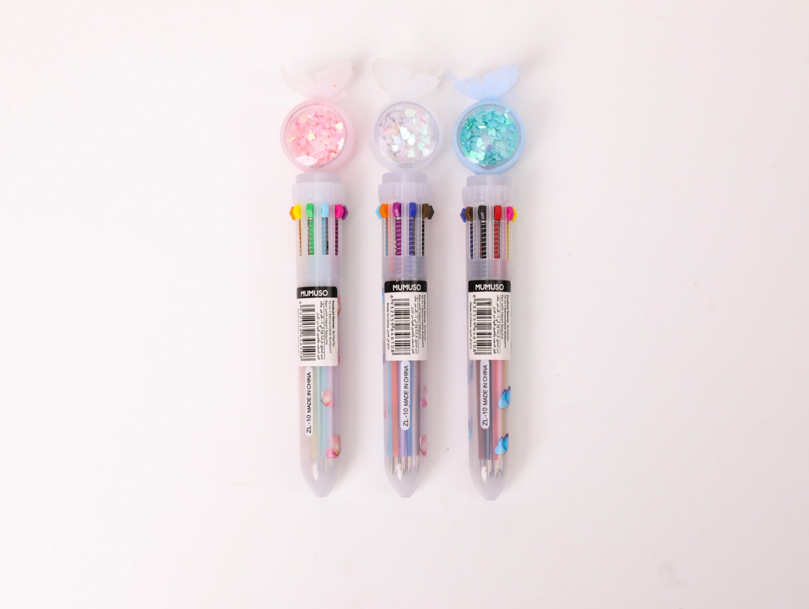 BOLÍGRAFO RETRÁCTIL MARIPOSA 10 EN 1 CON LENTEJUELAS DE CORAZÓN 