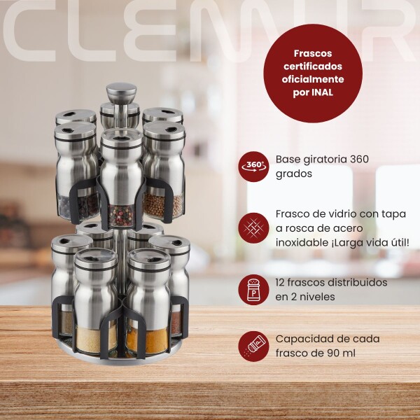 Especiero Redondo Giratorio Organizador Para Cocina Con 12 Frascos De Acero y Vidrio Especiero Redondo Giratorio Organizador Para Cocina Con 12 Frascos De Acero y Vidrio